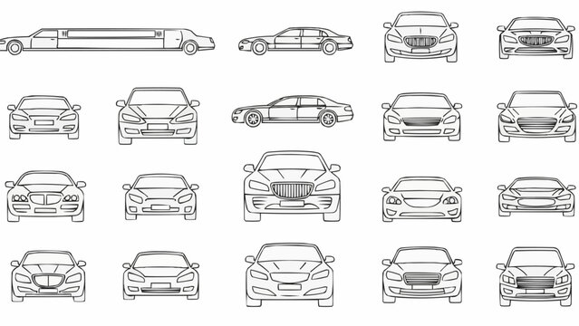 Collection of various car models in outline style, showcasing different perspectives and designs.