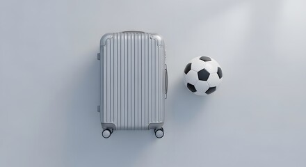 A silver suitcase and a floating soccer ball against a clean white wall background