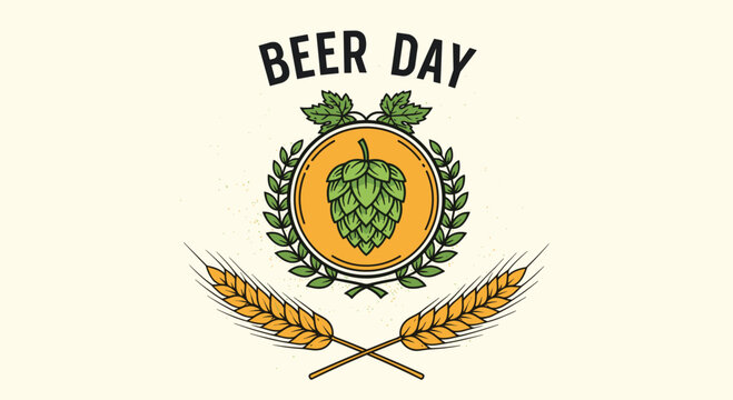 International beer day celebratory emblem featuring a green hop cone inside a gold circle with barley stalks and green leaves.
