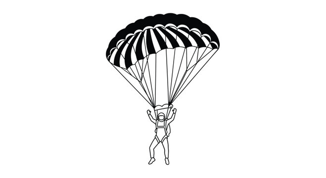 Detailed line art illustration of a person skydiving through the air with an open parachute against a clean white background.