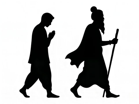 vector silhouette of guru walking with disciple showing spiritual path guidance and traditional mentorship for guru purnima concept