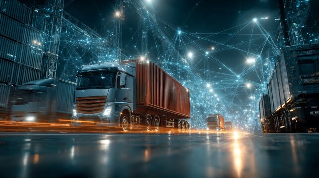 Semi-trucks travel through a futuristic data network. Bright lights, blurred motion, and container yard scene