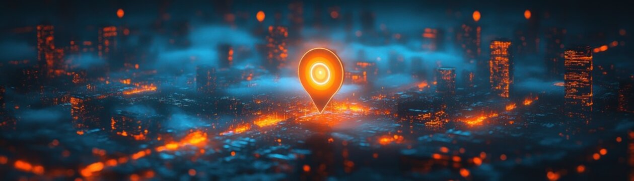 glowing orange location pin hovering over a futuristic neon city map with misty blue atmosphere and illuminated skyscrapers, evoking discovery and high-tech precision