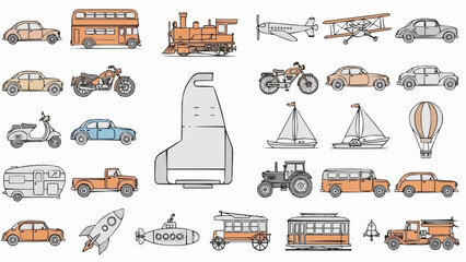 Collection of hand-drawn vintage vehicles and transportation modes. © Galy Ariyandy