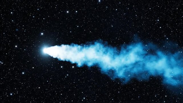 A magnificent comet with a shimmering blue tail dynamically streaks through the deep, star-studded cosmos, illuminating the vastness of space