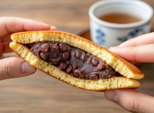 粒あんがたっぷり入ったどら焼きの断面