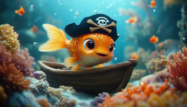 Cheerful goldfish in a tiny wooden boat wearing a pirate hat with a skull motif, surrounded by colorful coral and small fish underwater in a whimsical playful scene