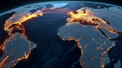 Fototapeta premium A global view showcasing interconnectedness. Glowing cities and linking paths illuminate continents on a detailed Earth