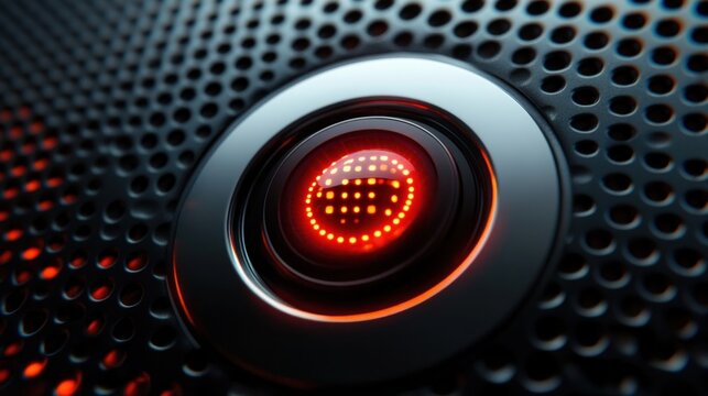 close-up of glowing red circular led indicator in a glossy black ring on perforated metal surface, futuristic and ominous mood