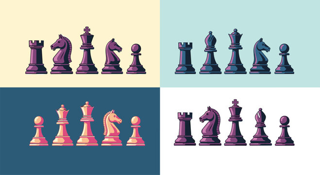Four panels showing various sets of chess pieces in different purple blue and pink color schemes against flat backgrounds.