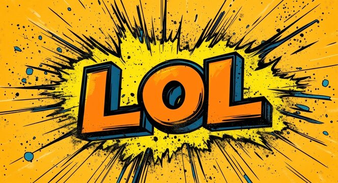 bold 3d letters reading lol inside a vibrant comic-style explosion with yellow and orange splatter and blue accents expressing energetic playful laughter