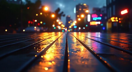 Fototapeta premium Low-angle view of wet tram tracks reflecting neon city lights on a rainy night, blurred streetlights and buildings creating a moody, contemplative urban atmosphere