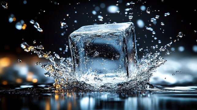 clear ice cube splashing into water with frozen droplets, reflective surface and warm bokeh highlights against a dark background, evoking a refreshing, crisp energy