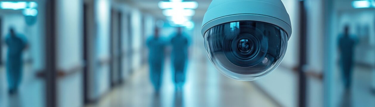 surveillance dome camera watching a sterile hospital corridor with blurred medical staff, creating a watchful clinical atmosphere
