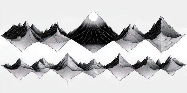 Monochrome geometric mountain panorama with two rows of repeated wireframe peaks, mirrored diamond-shaped bases and a central circular sun; calm, contemplative mood