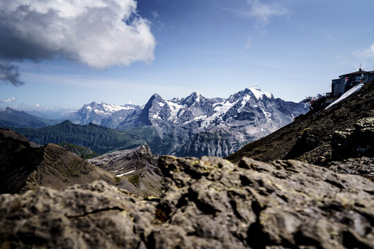 Iconic view of Eiger, Monch and Jungfrau peaks from Schilthorn Piz Gloria, Swiss Alps