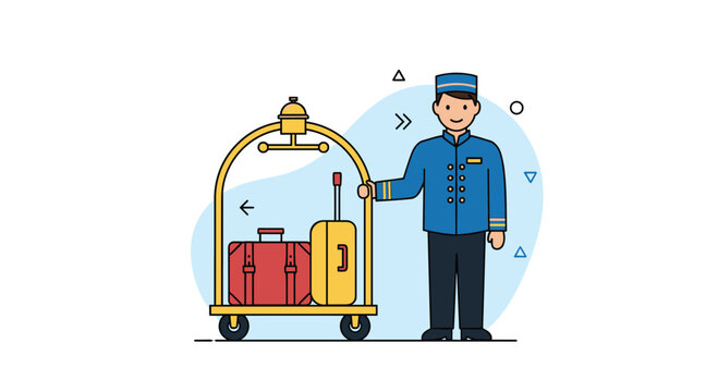 Professional hotel bellhop in a blue uniform stands beside a gold luggage trolley loaded with various colorful suitcases.