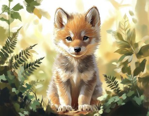 Fototapeta premium young fox kit sitting among ferns and green leaves in a sunlit forest glade, soft warm light, looking curious and content