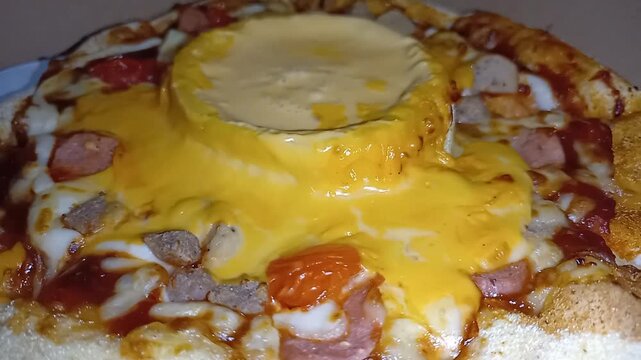 Extreme close-up of a pizza slice with overflowing lava cheese pull.