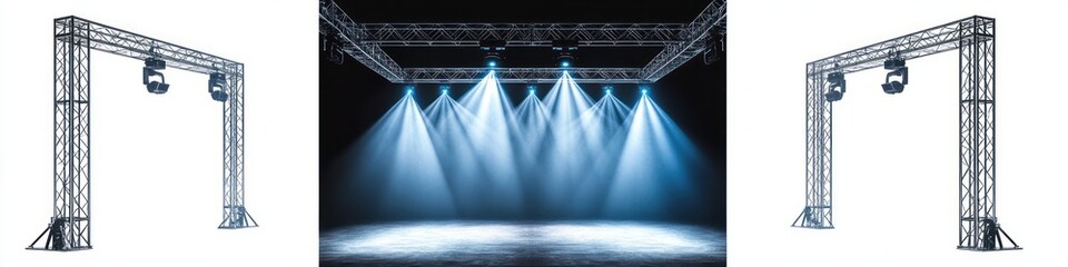 Fototapeta premium Triptych showing two standalone metal lighting gantries on white backgrounds and an empty theatrical stage with overhead truss, blue spotlights and smoky dramatic atmosphere evoking anticipation
