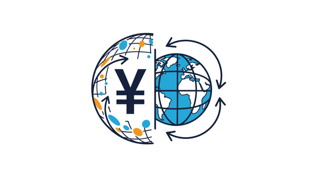 Global currency exchange concept icon features a split globe with the Japanese Yen symbol and circular flow arrows.