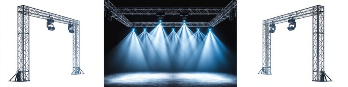 Triptych showing two standalone metal lighting gantries on white backgrounds and an empty theatrical stage with overhead truss, blue spotlights and smoky dramatic atmosphere evoking anticipation