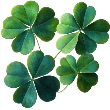Four green clover clusters with heart-shaped leaflets and thin stems on a white background, fresh and serene botanical composition