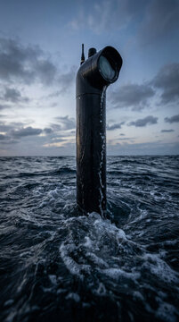 Submarine periscope emerging from turbulent ocean waves at dusk, with dramatic sky and deep blue hues, showcasing a submerged vessels presence