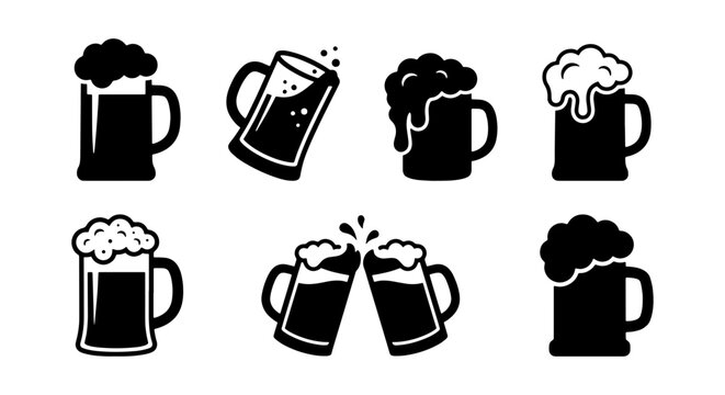 Collection of beer mugs with varying foam levels and clinking glasses