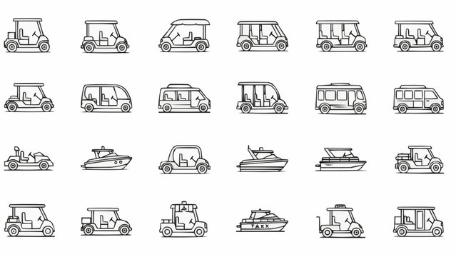 Collection of various vehicles including golf carts, vans, and speedboats in a doodle style.