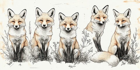 Fototapeta premium five hand-drawn red foxes sitting and standing in a meadow of grasses and wildflowers, watercolor and ink illustration with calm curious expressions