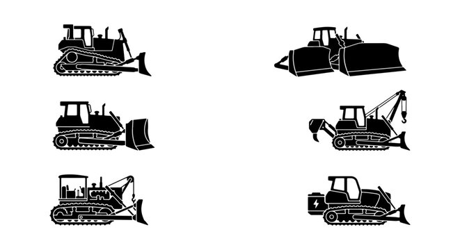 Collection of heavy construction equipment icons in black silhouette