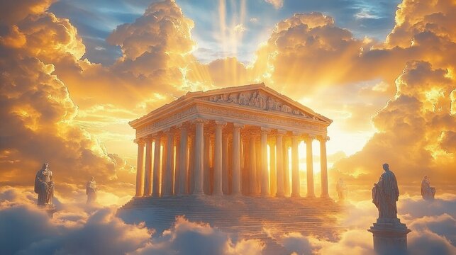 Majestic ancient temple with towering marble columns, pediment and statues rising above cloud banks, bathed in golden sunrise rays with an ethereal, heavenly atmosphere