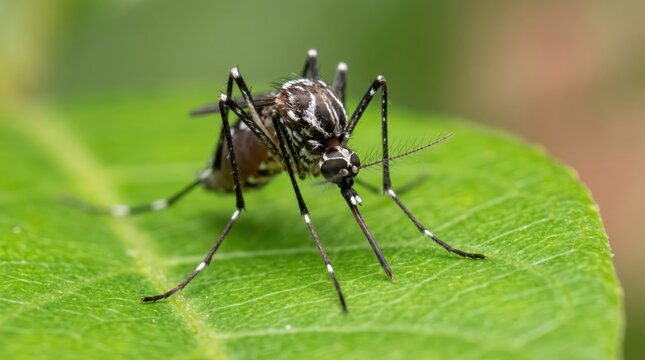 Mosquito resting and feeding on leaf in green closeup