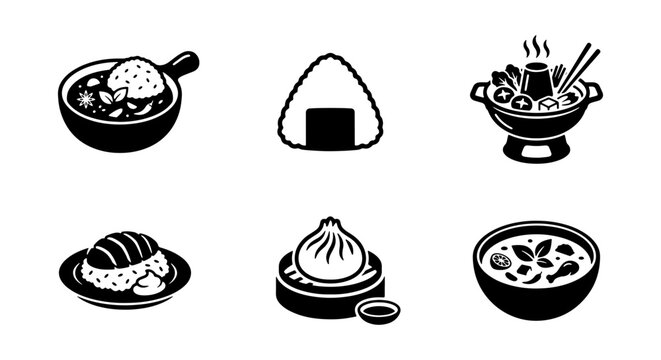 Black and white vector illustrations of various asian food dishes and sushi