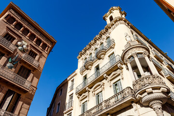 Fototapeta premium Facade of an Art Nouveau and a Neo Classical building at the Ramblas in Barcelona, Catalonia, Spain, Europe