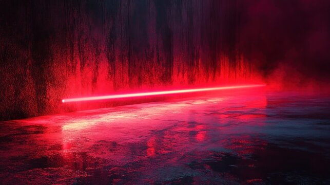 neon red horizontal light beam casting glowing reflections on wet concrete floor and textured wall, moody atmospheric futuristic scene