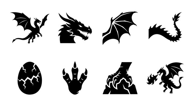 Collection of dragon silhouettes and icons