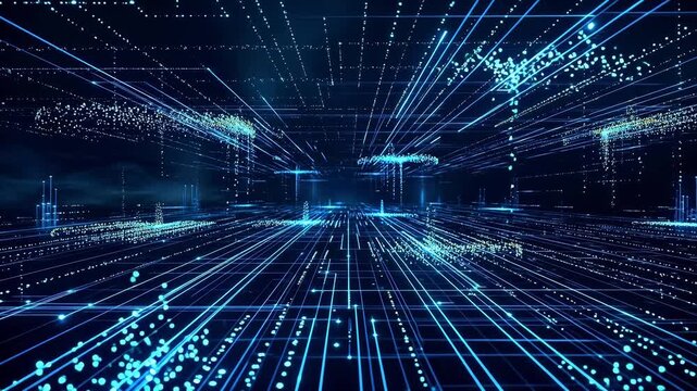 Digital network grid with glowing lines and dots representing smart infrastructure and connectivity