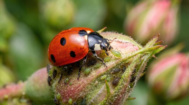 Ladybug feeding on plant bud infested with aphids closeup