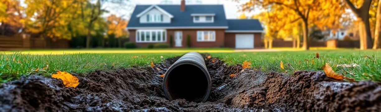 black drainage pipe lying in a shallow trench through dark soil on a green suburban lawn with scattered autumn leaves and a blurred house and golden trees conveying calm home improvement