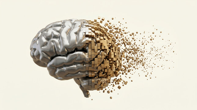 3D rendering of brain exploding into cubes, symbolizing mental breakdown