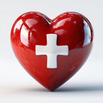 glossy red heart with a white medical cross on a white background conveying care compassion and healing