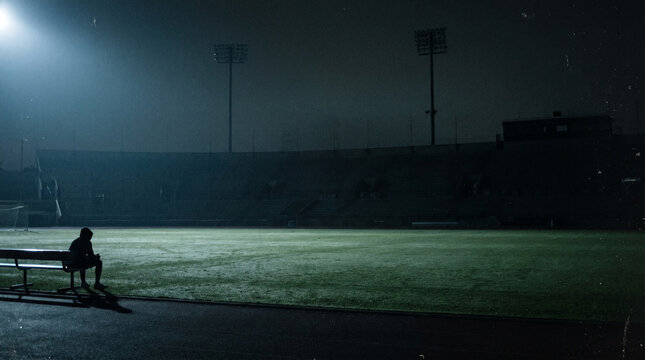 Lonely athlete sitting on a bench in dimly lit stadium at night, evoking a sense of scandal and doping controversy, with dramatic shadows and empty seats