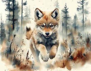 Fototapeta premium playful fox pup running through a misty pine forest with grasses and watercolor splashes, joyful and energetic expression