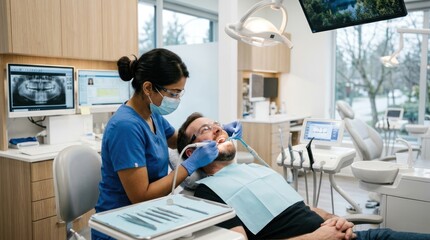 Obraz premium A dental clinic scene where a female dentist, wearing blue scrubs and a face mask, is examining a male patient who is lying in a dental chair.