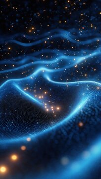 Glowing blue particle waves forming an undulating digital mesh with scattered golden sparks, a serene futuristic starfield evoking wonder and motion