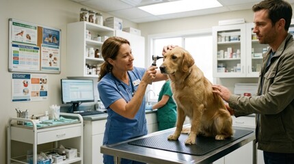 A female veterinarian in blue scrubs examines a golden retriever dog on a metal examination table, while a man in a brown jacket pets the dog.