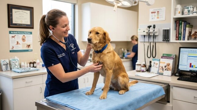 A female veterinarian, wearing a blue shirt and stethoscope, interacts with a golden Labrador dog on a blue examination table in a veterinary clinic.