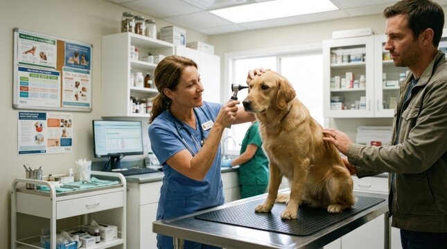 A female veterinarian in blue scrubs examines a golden retriever dog on a metal examination table, while a man in a brown jacket pets the dog.